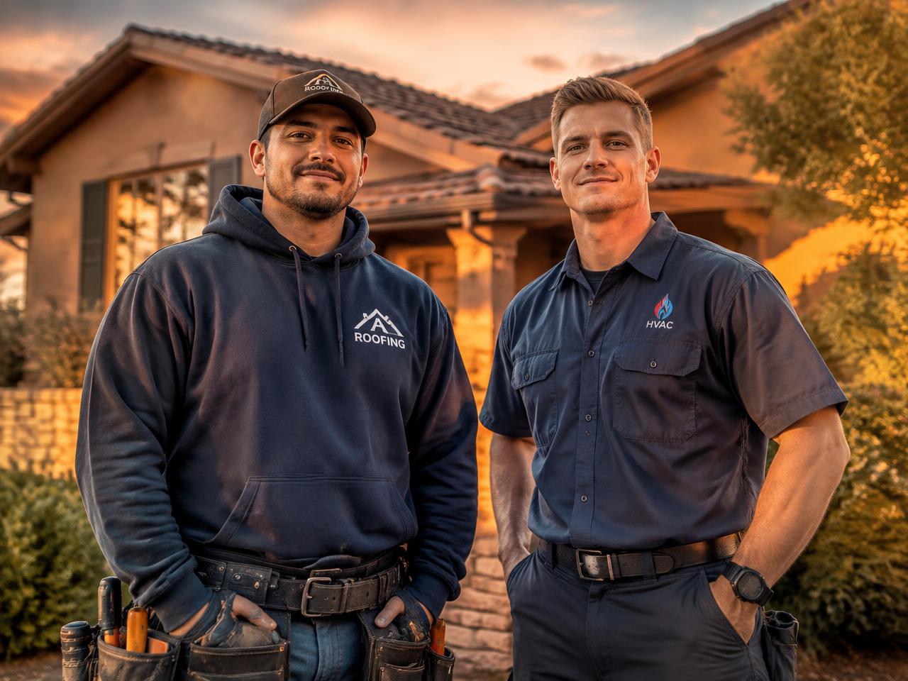 Home contractor crew standing in front of a house at golden hour
